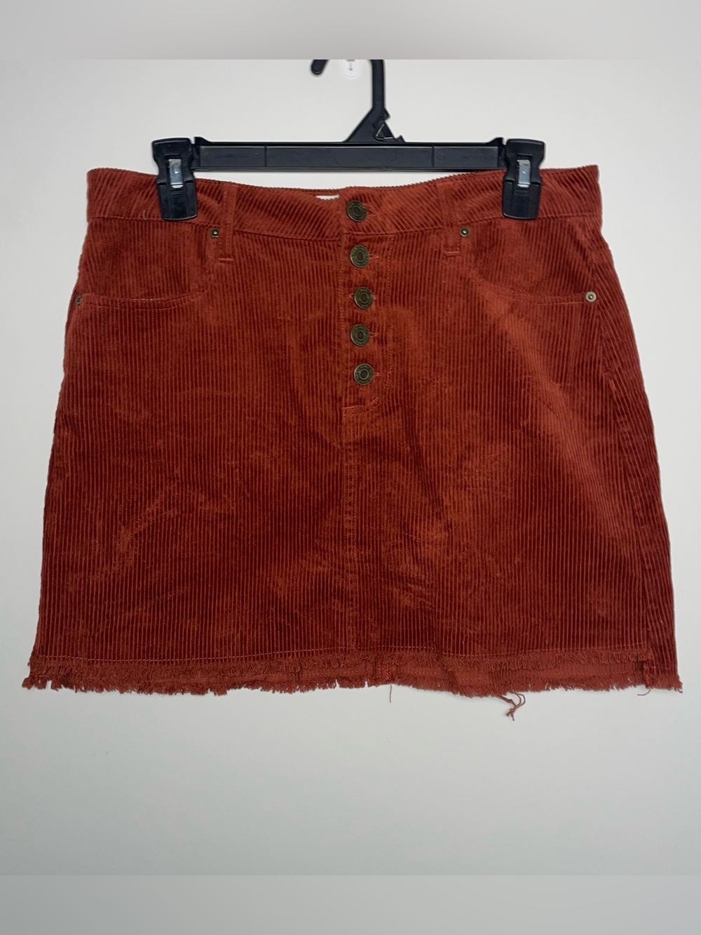 Indigo Rein 5 Deep Rust Cut Off Hem Corduroy Button Up Mini Skirt Pockets Fall